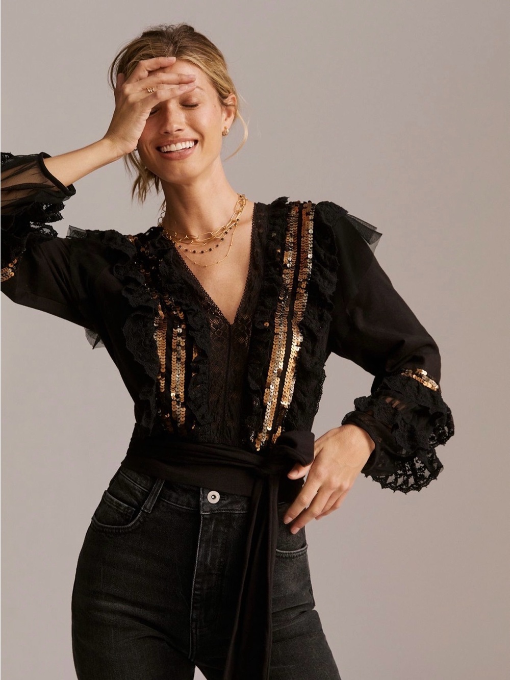 Anthropologie Black Wrap Blouse with Gold Sequin Accents